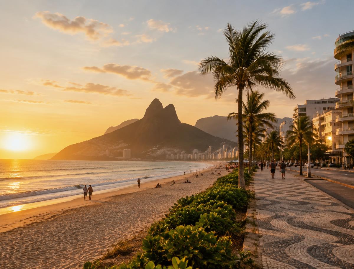Orla de Ipanema ao pôr do sol com o Morro Dois Irmãos ao fundo — imagem ilustrativa